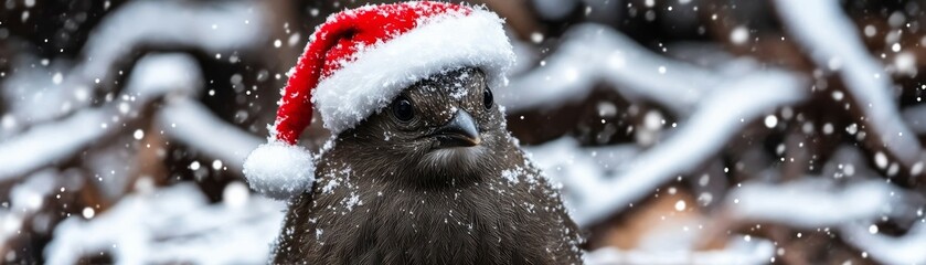 Close-up of a Cute Bird Wearing a Santa Claus Hat with Snowy Background, Festive Winter Scene Featuring Whimsical Holiday Wildlife and Soft Snowfall, Perfect for Seasonal Greeting