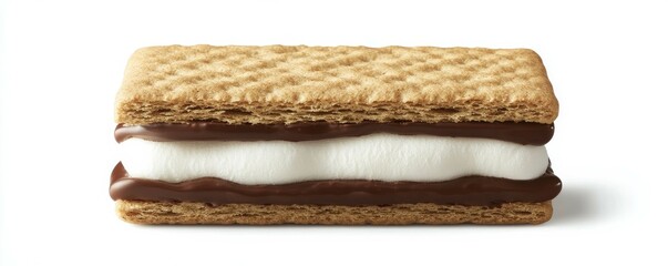 Close-up of a perfectly layered, glossy chocolate, soft fluffy marshmallow and textured graham cracker s'more on a clean white background with subtle shadow, ideal for food branding