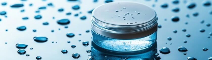 Close-up of a transparent glass jar with a white lid containing a bluish gel or cream, surrounded by water droplets on a reflective bluish surface, emphasizing freshness, hydration