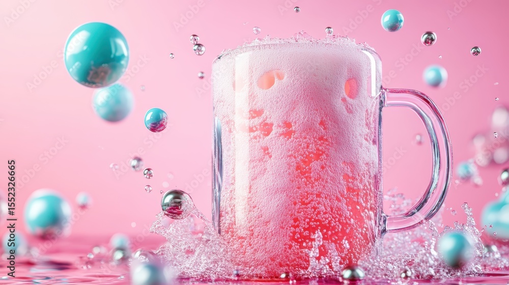 Aufkleber a captivating composition of a frothy mug of pink drink surrounded by colorful bubbles, creating an 