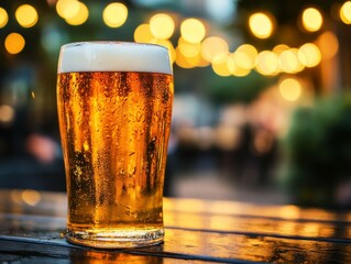 Close-up of tall clear glass filled with golden beer topped with frothy white head, condensation droplets on glass, warm ambient lighting, blurred bokeh background with yellow and