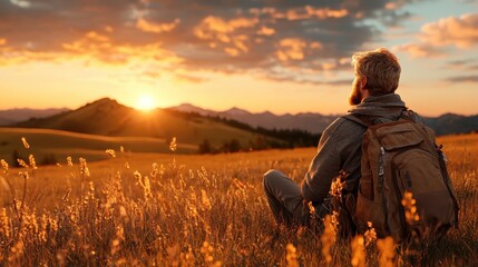 A man sits peacefully in a vast field at sunrise, embodying a moment of tranquility and connection with nature while enjoying the beauty of the mountains and the warm sunlight.