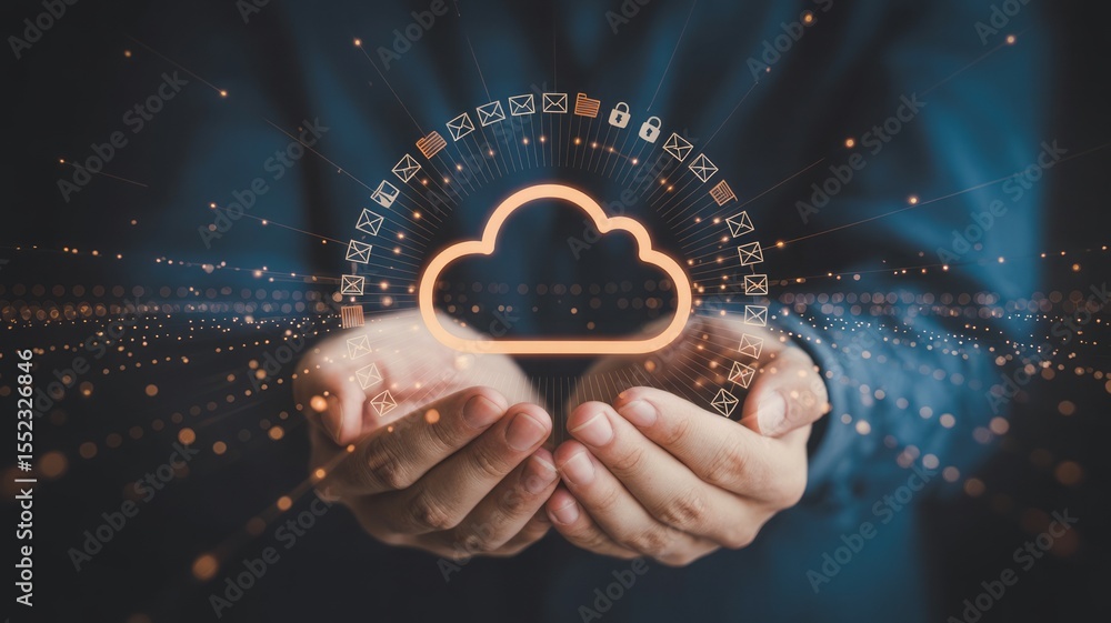 Poster holding cloud computing technology with digital icons in hands