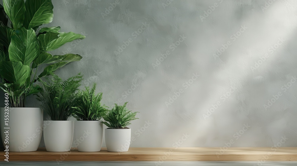 Poster a serene display of lush potted plants in white pots on a wooden shelf against a textured wall, crea