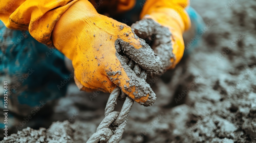Poster a close-up of gloved hands mixing concrete while handling wire rope, representing hard work and craf