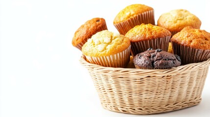 Delicious assorted muffins in a rustic woven basket with golden, chocolate and yellow tones, set against a clean bright white background, highlighting textures and emphasizing