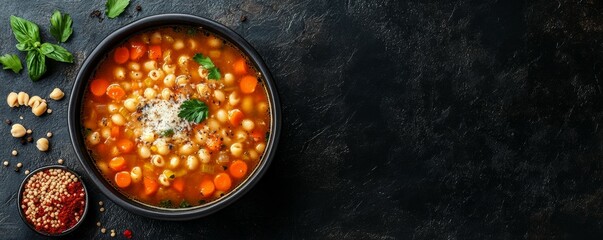 Delicious high-angle shot of a warm, hearty bean and pasta soup in a sleek, matte ceramic bowl garnished with grated cheese and fresh parsley, set on a textured dark stone background.