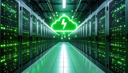 Vibrant eco friendly cloud computing concept is depicted in modern data center, showcasing green technology with illuminated servers and glowing cloud symbol