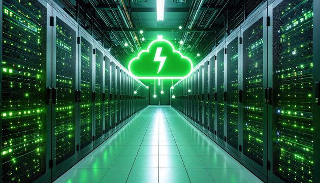 Vibrant eco friendly cloud computing concept is depicted in modern data center, showcasing green technology with illuminated servers and glowing cloud symbol