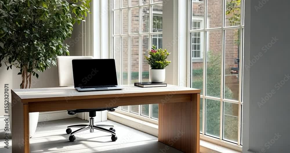 Aufkleber video of an empty office desk setting near a bright window a laptop and a pot of plant on it a big t