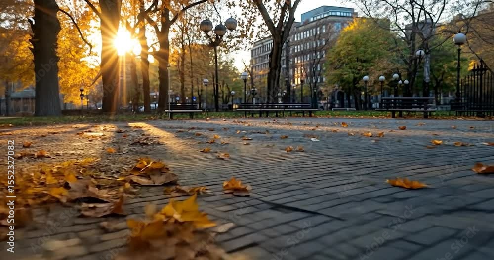 Poster a video showing an autumn scene in a park with a bench scattered with golden leaves. the setting sun