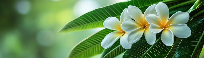 Elegant white plumeria flowers with delicate gradient yellow centers and detailed veined leaves, set against a soft green blurred foliage background, perfect for tropical decor, floral
