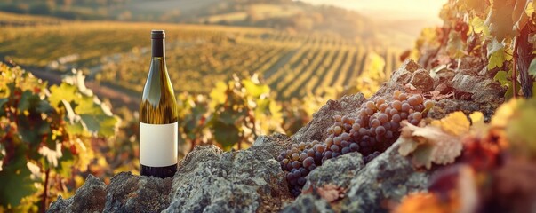 Enchanting Vineyard Scene Featuring a Glass Wine Bottle and Fresh Grape Clusters Amid Rocky Terrain with Lush Vineyard Landscape in Golden Light, Perfect for Wine Advertising and