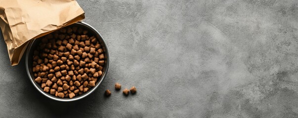 Engaging High-angle shot of a metallic bowl filled with dry brown kibble beside a crumpled paper bag on textured neutral surface, ideal for pet food advertising, pet nutrition and pet