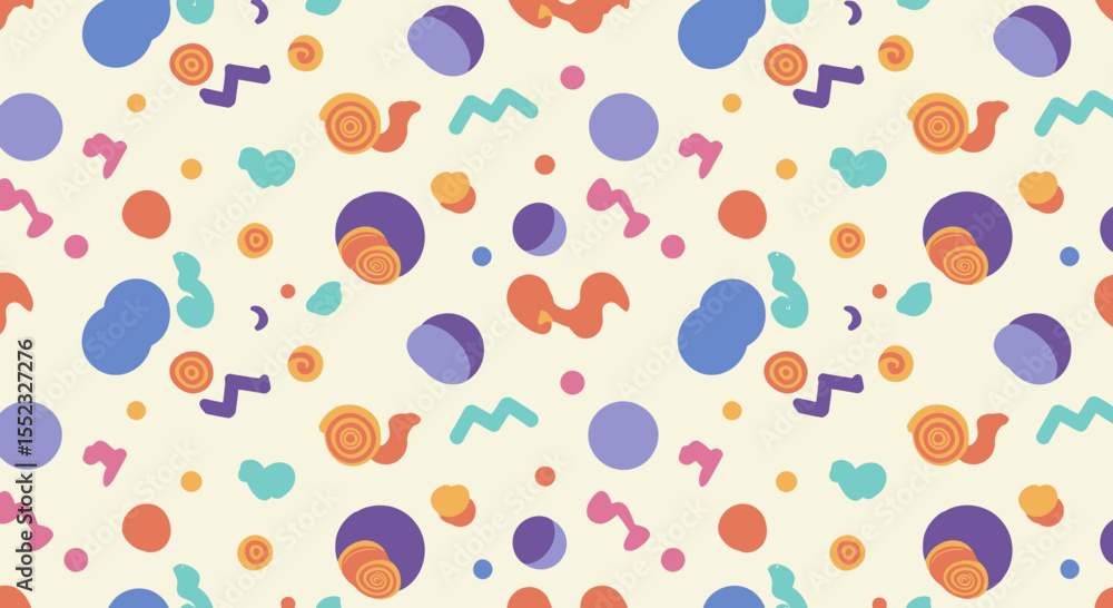 Poster playful and whimsical pattern with abstract shapes and snail-like elements on cream background