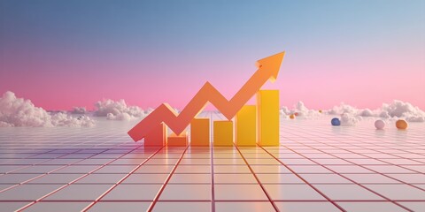 Abstract 3D Business Success Concept with Yellow Bar Graph and Rising Arrow on Pink and Blue Background

