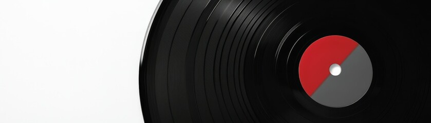 High-Quality Close-Up of Vinyl Record with Red and Gray Label on Glossy Black Surface and Bright White Background, Modern Minimalist Music Illustration for Promotional Use and Creative