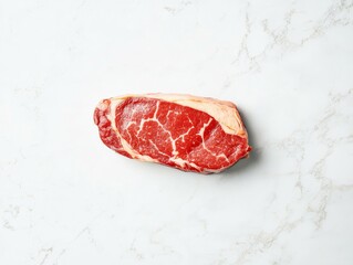 High-Quality Raw Steak with Marbling on Elegant White Marble Surface, Top-Down View of Fresh Red Meat with Fat Cap for Culinary, Butcher and Food Promotion Use