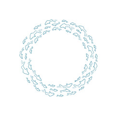Chalk silhouette fish school. A group of aquatic creatures swim in a round pattern. Underwater life, ocean theme, cartoon graphic style, perfect for marine projects.