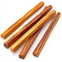 High-Quality Wooden Sticks with Visible Grain and Smooth Texture Arranged Diagonally on Plain White Background for Crafting, Lumber and Woodworking Projects - Natural, Warm Tones