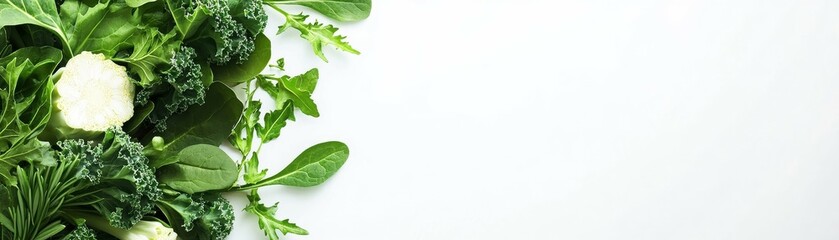 High-resolution still life image of fresh leafy green vegetables including spinach kale and arugula with a cut vegetable cross-section on a white background ideal for healthy eating