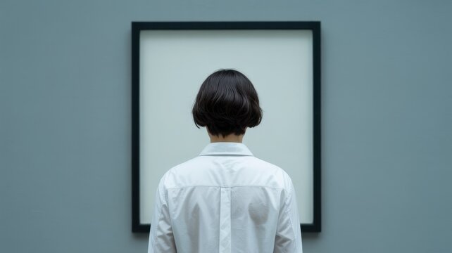 Female viewer observing minimalist art in gallery setting