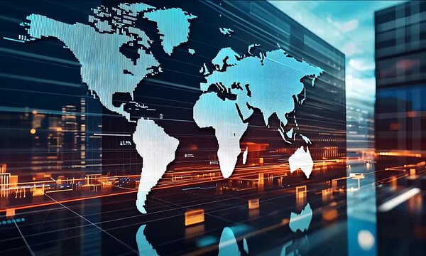 Abstract digital world map overlaying a futuristic cityscape with glowing data streams at night - Powered by Adobe