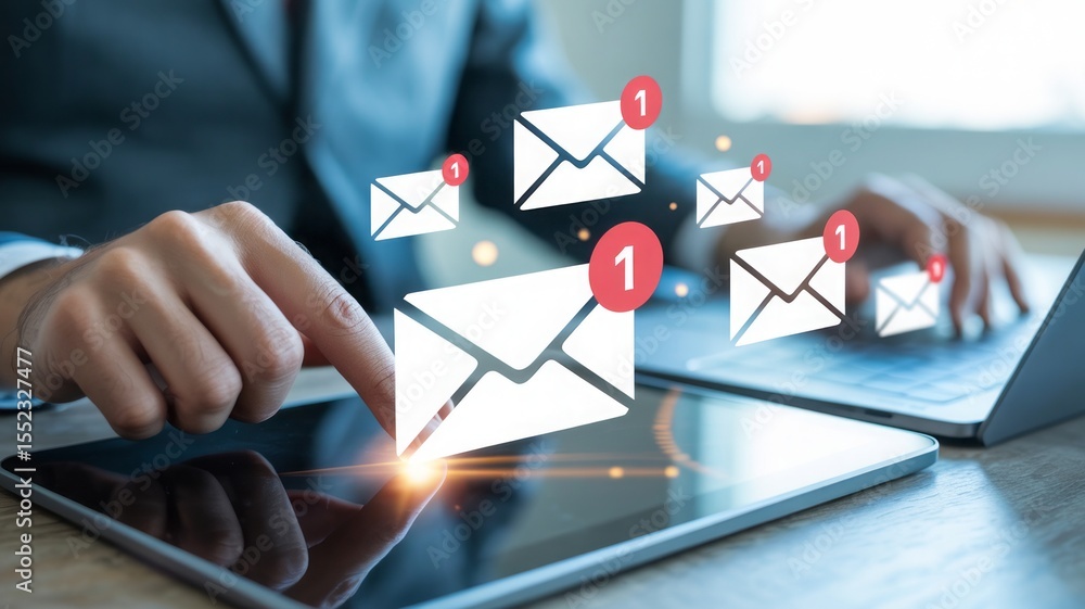 Poster business professional using tablet to check email inbox for communication