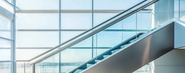 Fototapeta premium Modern upward-moving escalator with blue carpeted steps inside a contemporary building featuring large grid-window panels and a cityscape view, showcasing clean geometric design, sleek