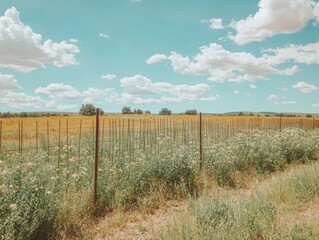 Obraz premium Rustic wire fence with overgrown vegetation and white flowers crossing rural golden-brown field under a pale blue overcast sky, featuring distant trees and rolling hill, vintage