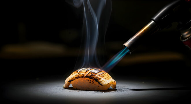 Torching Salmon Nigiri Creating Smoke Effects In A Dark Environment - Powered by Adobe