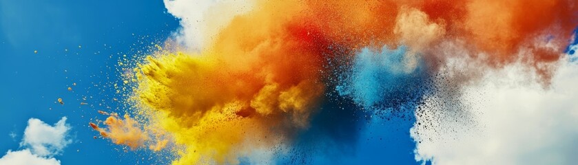 Vivid abstract explosion of multi-colored particles dispersing across a bright blue sky with wispy white clouds, capturing motion, energy and vibrant chaos for dynamic visual