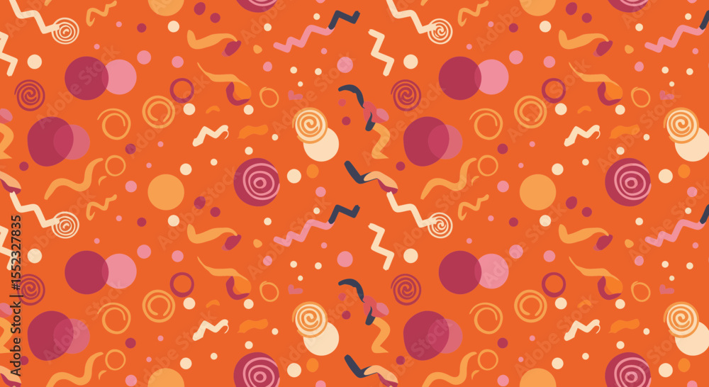 Poster vibrant orange background pattern with abstract geometric shapes and playful design elements