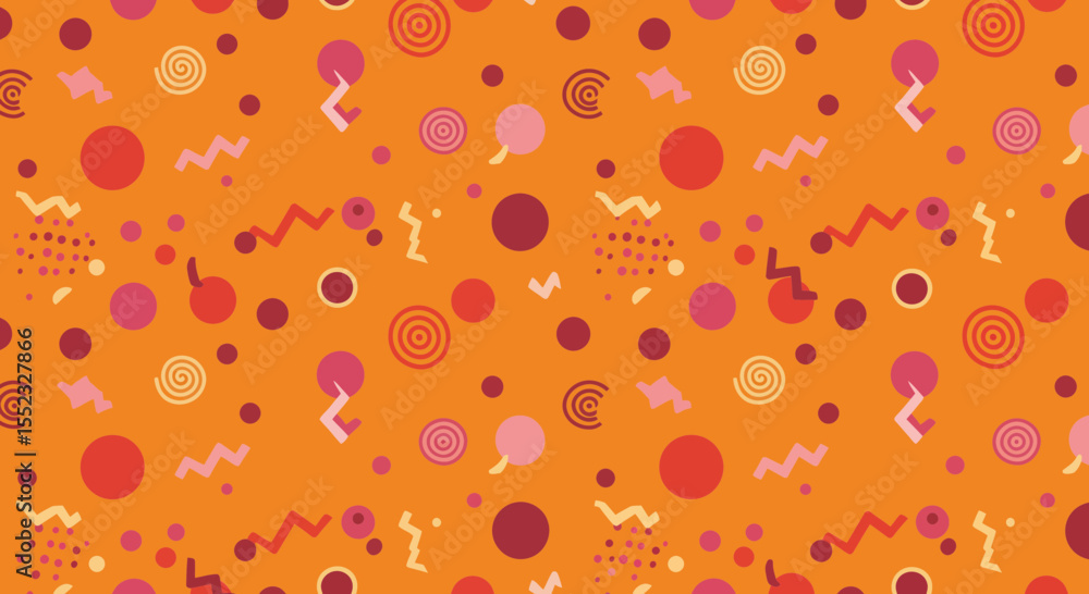 Poster playful retro inspired pattern design with circles, spirals and geometric shapes