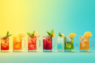 A colorful and vibrant image of various glasses filled with different types of tea, lemonade, or cocktail drinks arranged in the center on a blue background.