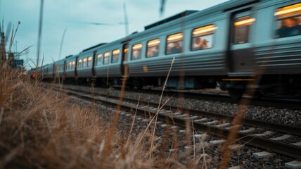 Fototapeta premium Moving train on overcast day with blurred foreground grass