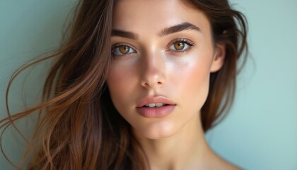 Obraz premium Close-up portrait young woman. Natural make-up, flowing brown hair, flawless skin. Captivating eyes, soft pink lips. Beauty, fashion, style. Perfect aesthetic for cosmetic brands. Image conveys