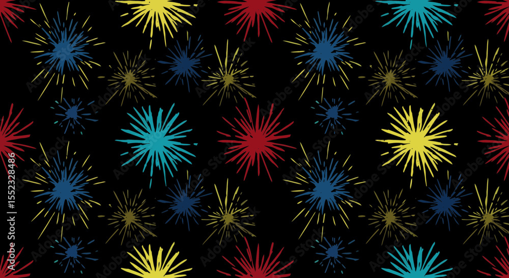Poster colorful bursts on black backdrop creating a dynamic festive pattern design