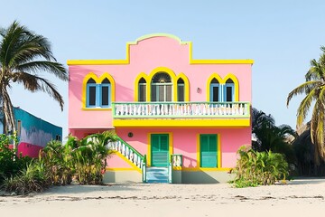 A colorful house built in the Art Deco style, located on an empty beach with sandy terrain and palm trees. The building has pastel pink walls, bright yellow window frames.