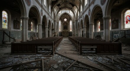 Obraz premium Decayed Grandeur: Interior of an Abandoned Church with Stained Glass and Collapsed Ceiling