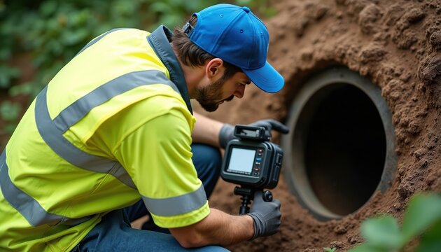 Worker in safety vest inspects sewer line with camera. Pro sewage system inspection using remote video device. Underground utility service, infrastructure maintenance. Focus on safety, tech.