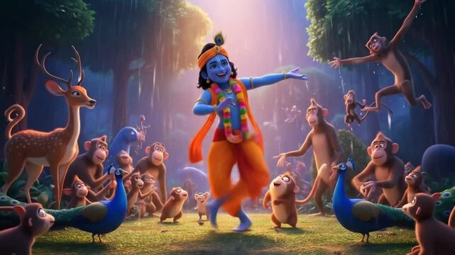 Animated joyous blue deity dancing surrounded by forest animals in vibrant magical setting