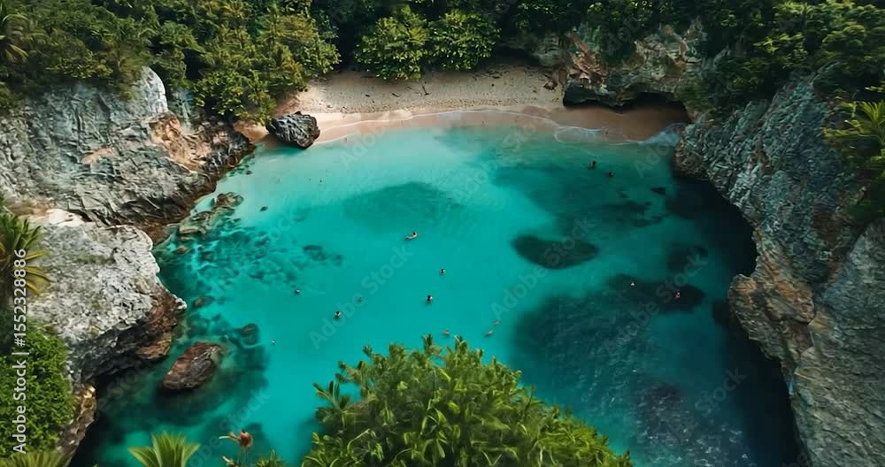Poster aerial view of a secluded turquoise bay surrounded by lush green trees and rugged cliffs creating a 