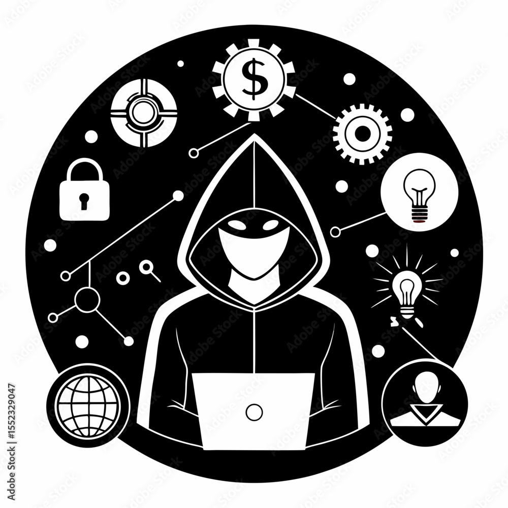 Poster hacker using laptop with network connections and security icons isolated on white background