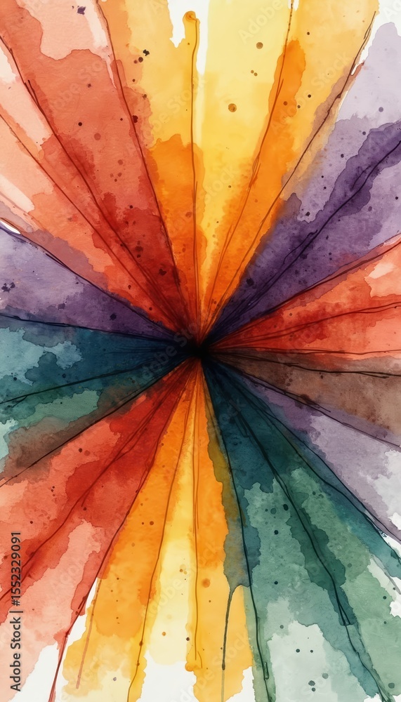 Poster watercolor abstract background with rainbow colors. radial pattern with paint streaks, lines. vivid 
