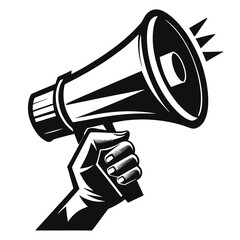 Fist holding a megaphone making a loud announcement isolated on white background