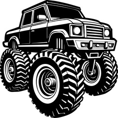 Black and white illustration of a powerful monster truck with large tires isolated on white background