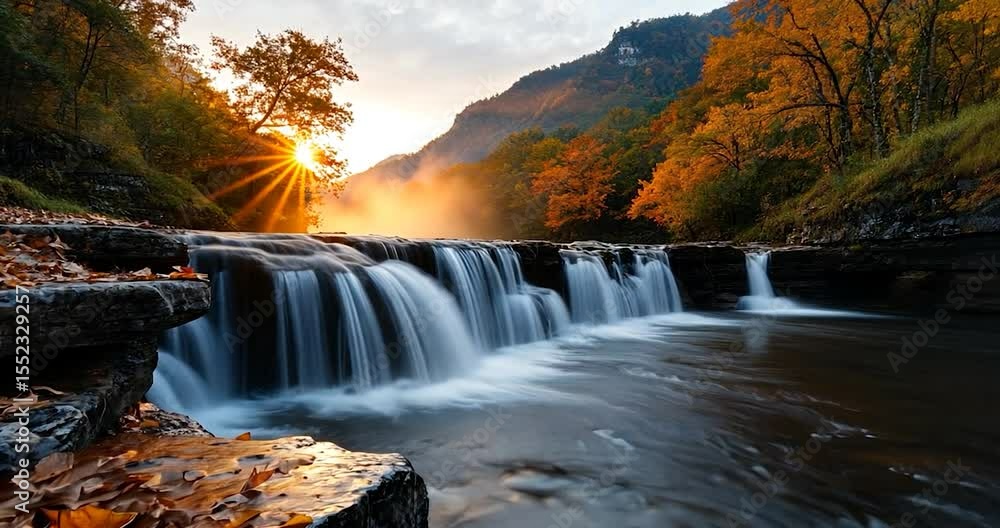 Poster serene video of a multi-tiered waterfall with smooth flowing water cascading over layered rocks surr