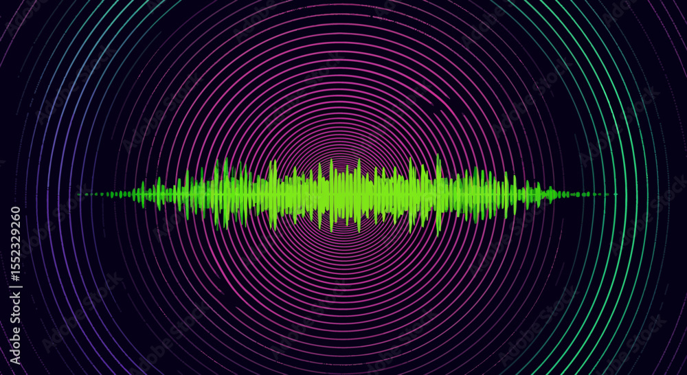 Poster vibrant audio waveform visualization with colorful circular background design