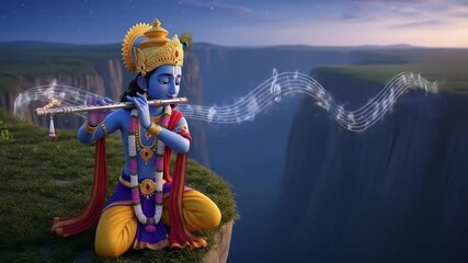 Animated depiction of a blue deity playing flute with magical music notes in scenic cliffside environment during dusk